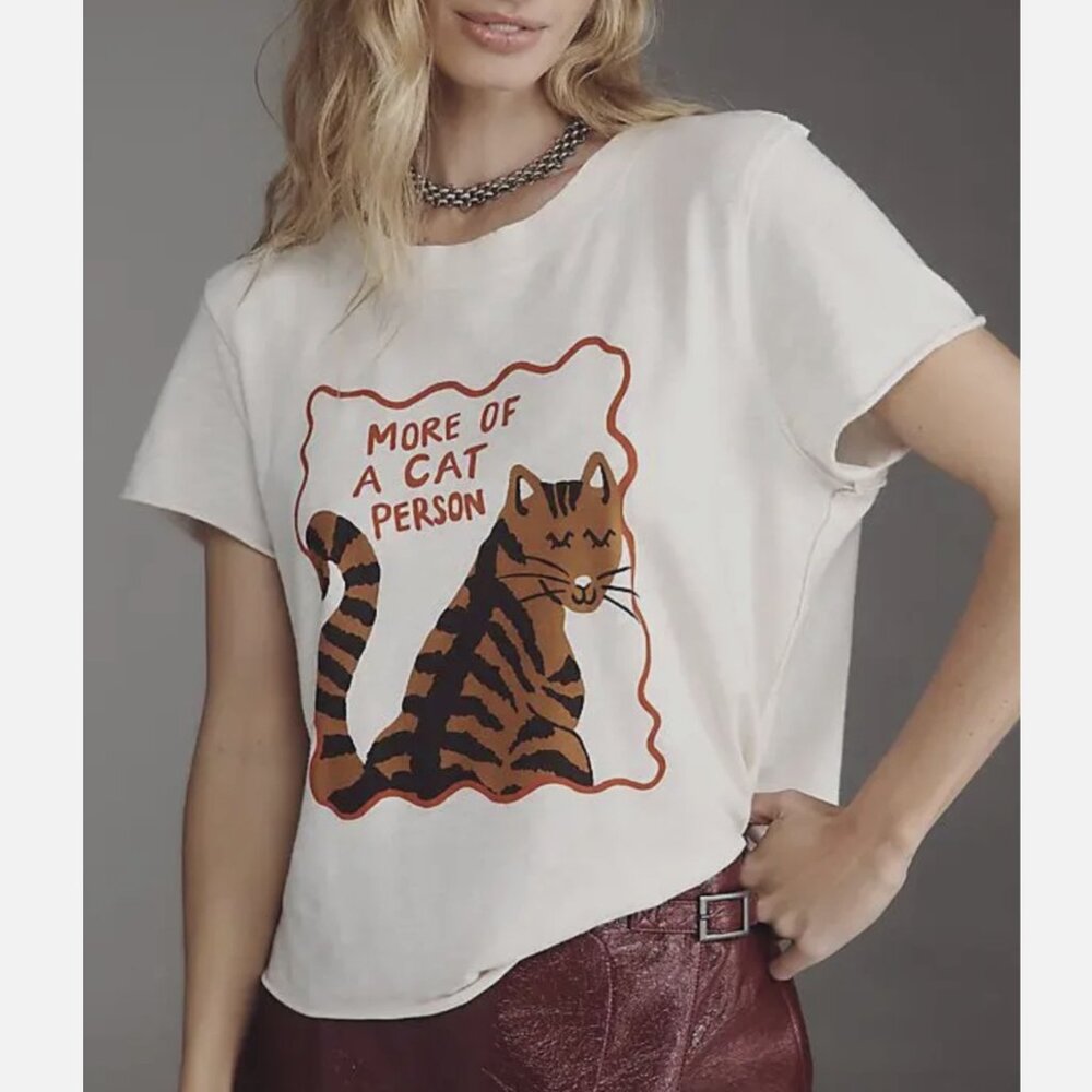 Anthropologie Maeve x Tulastra Ivory Cat Short-Sleeve Graphic Boxy Tee